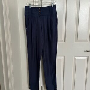 Nathalie Chaize Navy Blue High-Waisted Linen Blend Pleated Trousers - Size 6/38